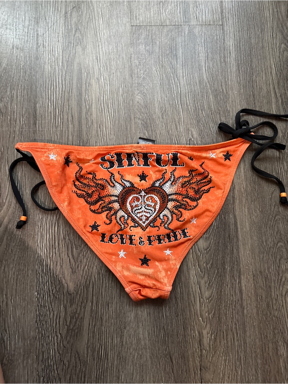 Sinful Orange Tie-Side Bikini Bottom with Rhinestone Heart